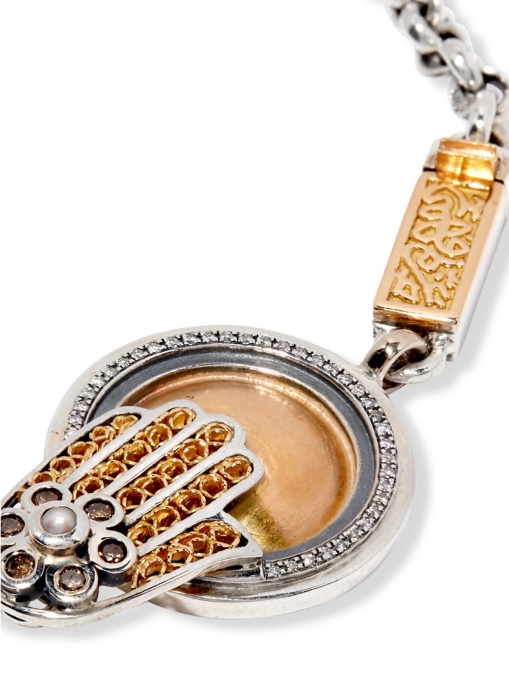 Sterling-Style Silver Hamsa Pendant Necklace with Gold Accent